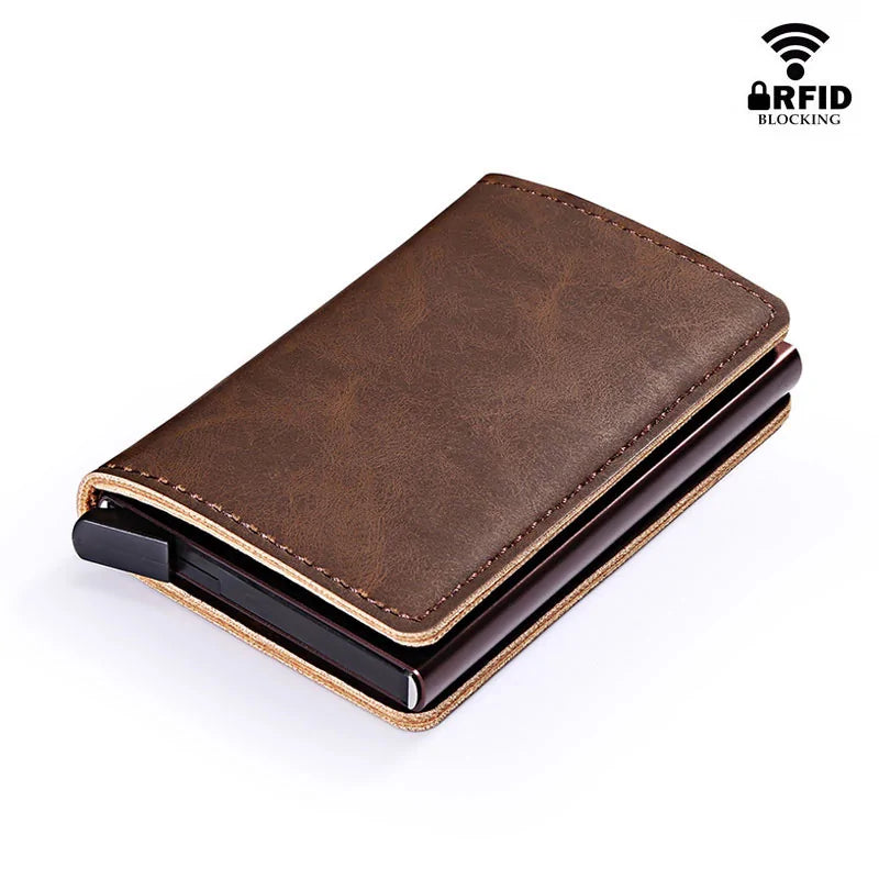 RFID Lock Vintage Automatic Leather Credit Card Holder